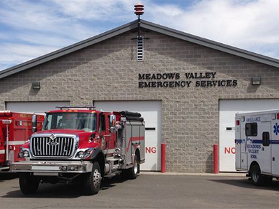 Meadows Valley Emergency Services Building with Fire Trucks in front of it